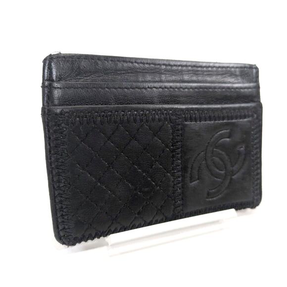 Auth Black CHANEL Card Case CC Mark Quilting Patchwork Black Leather - Picture 3 of 9